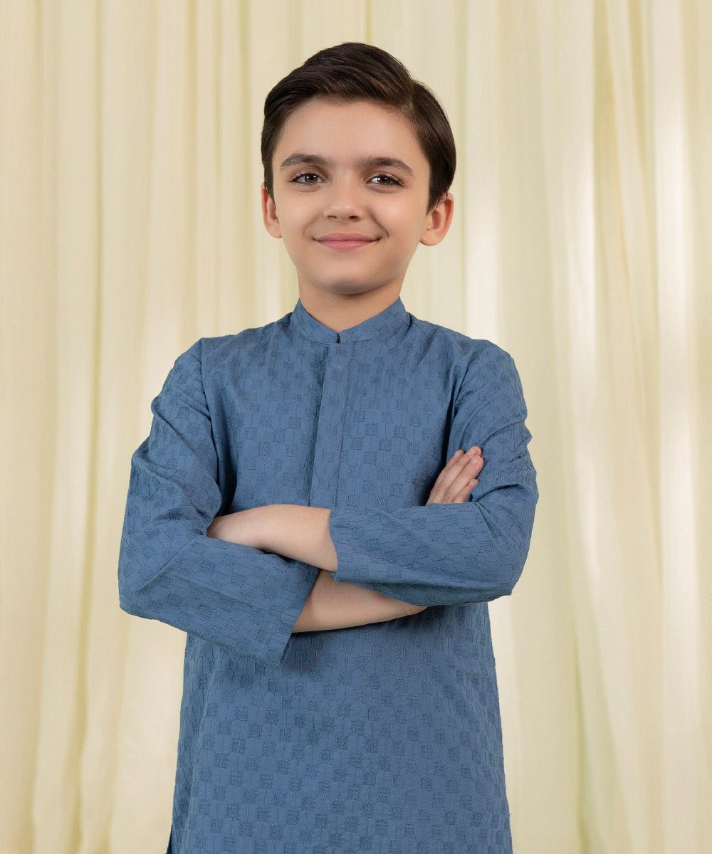 Boys Blue Embroidered Cotton Kurta