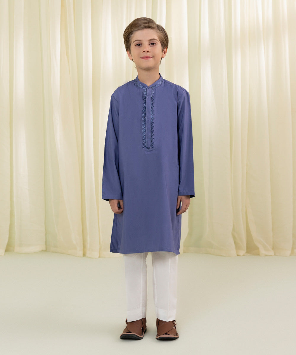 Boys Blue Embroidered Dobby Kurta