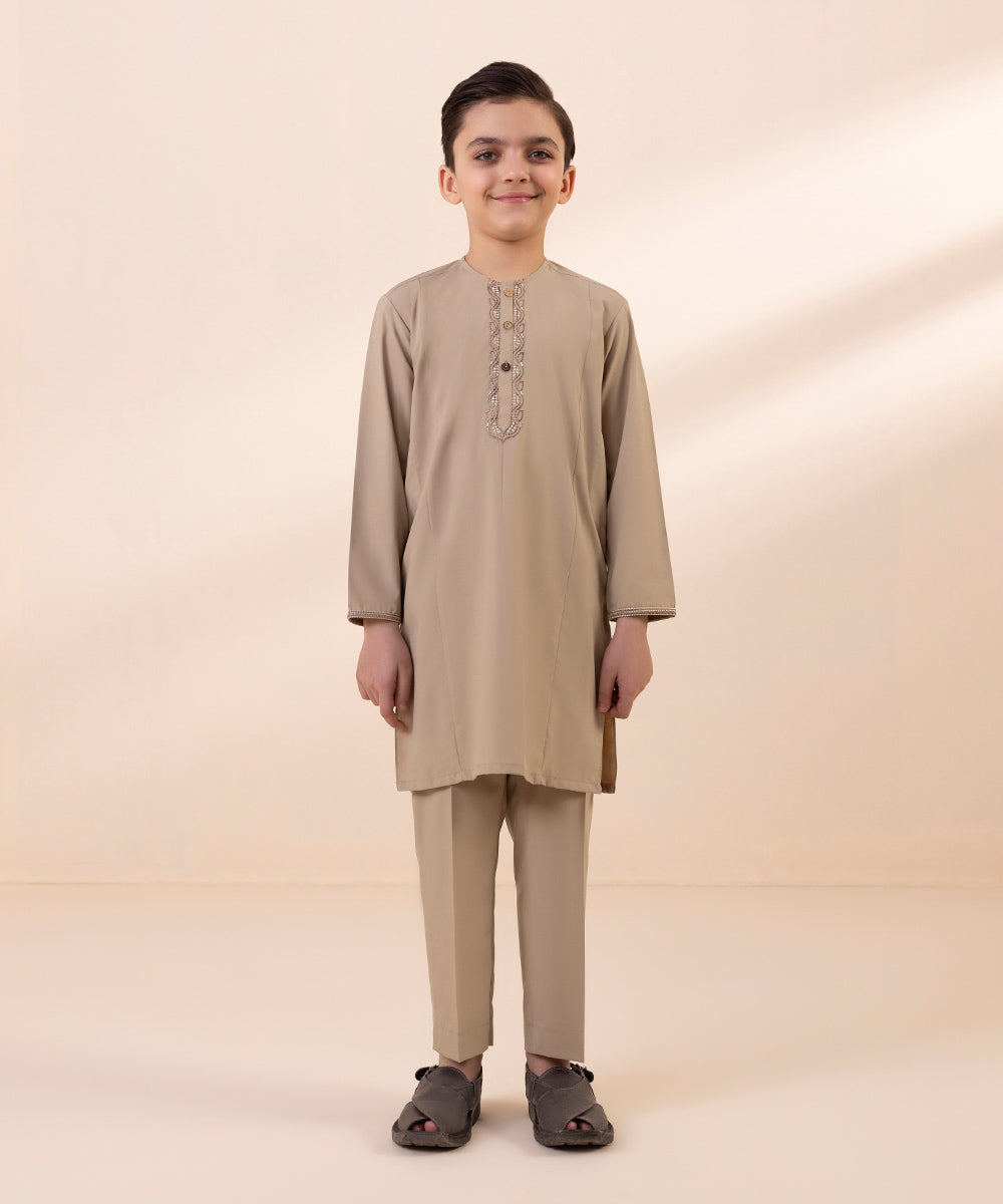 Kids East Boys Brown Embroidered Blended Viscose Suit