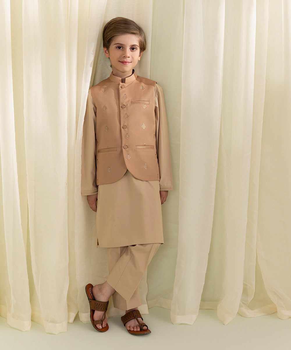 Boys Beige Brown Embroidered Dobby Suit