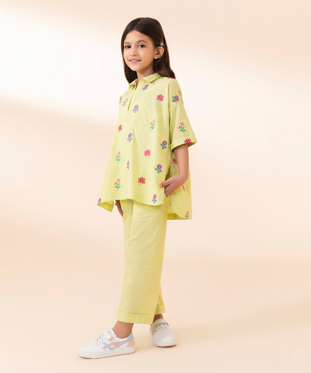 Girls Green 2 PC Embroidered dyed cord set