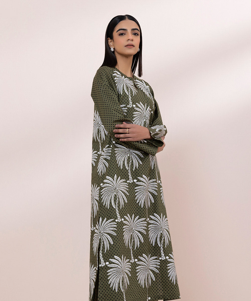 Women's Pret Cambric Block Printed Green Straight Shirt