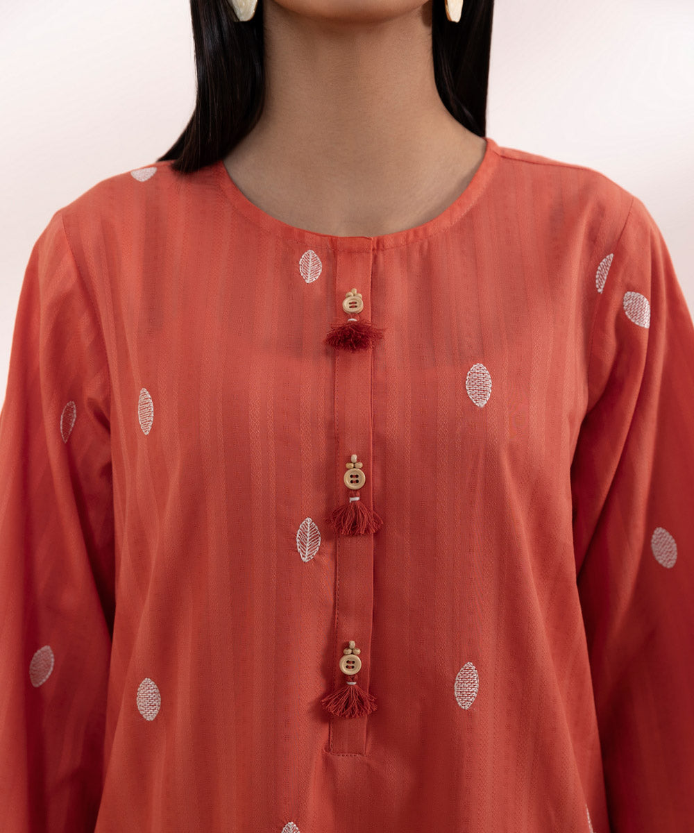 Women's Pret Dobby Embroidered Orange Straight Shirt