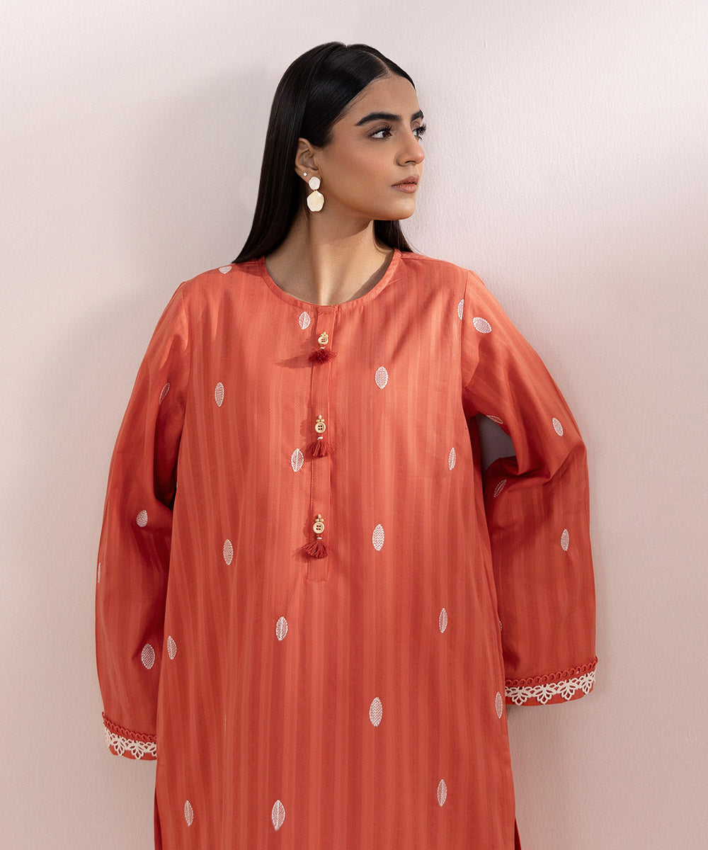 Women's Pret Dobby Embroidered Orange Straight Shirt