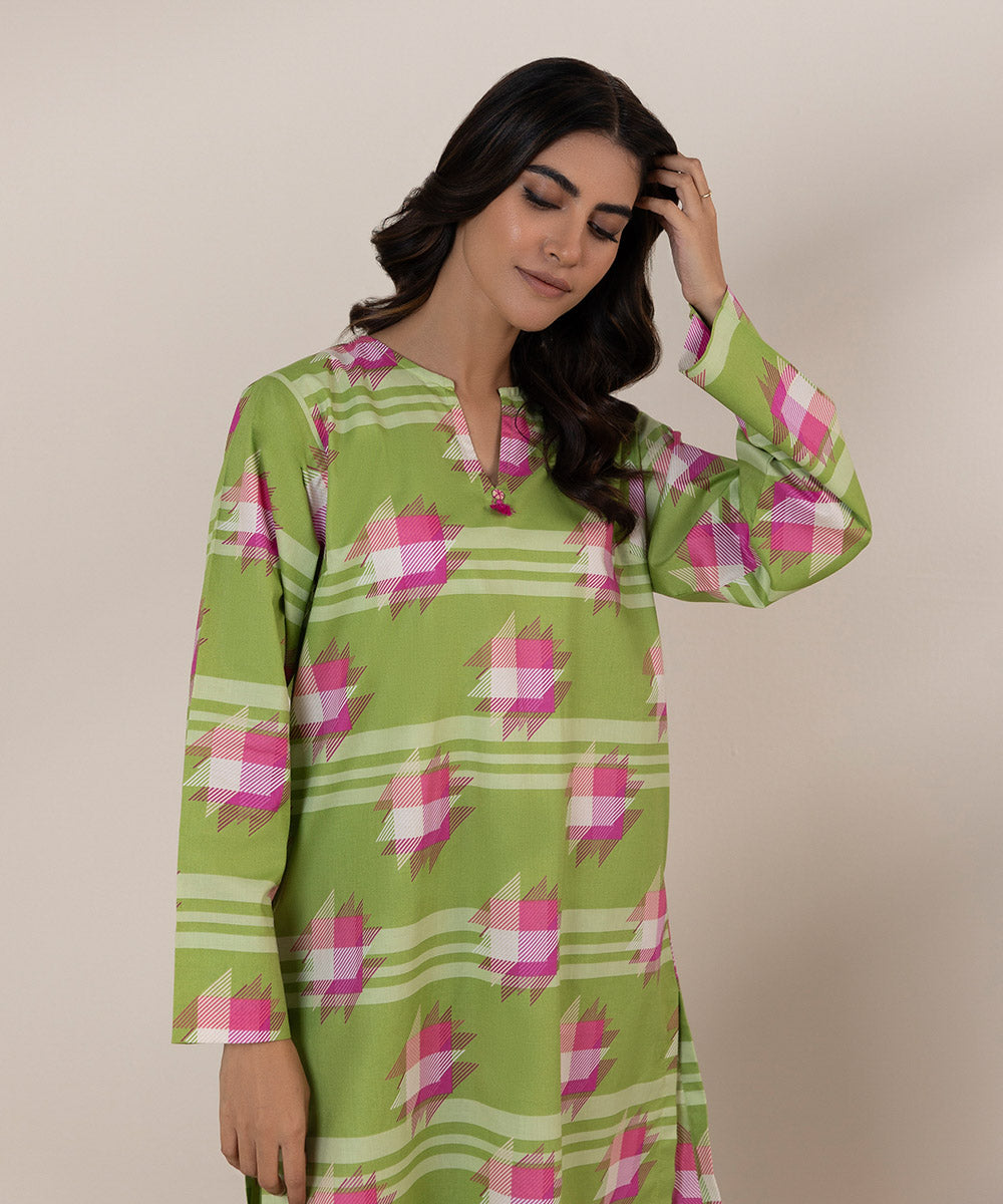 Women's Pret Cambric Printed Green Boxy Shirt