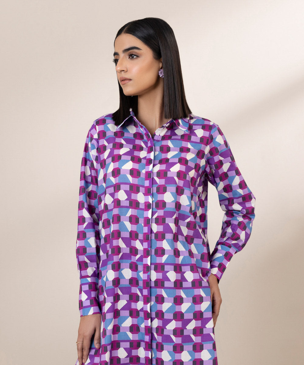 Women's Pret Dobby Printed Purple Straight Button Down Shirt