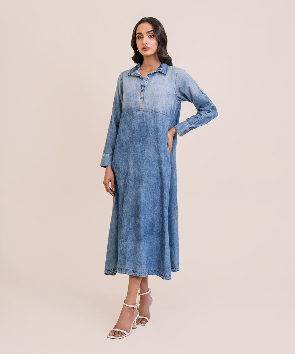 Women's Pret Denim Solid Blue A-Line Shirt