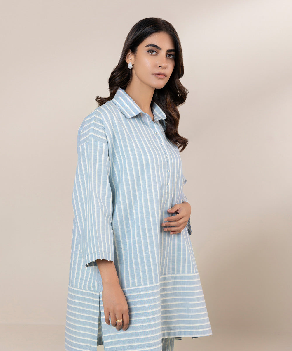 Women's Pret Yarn Dyed Solid Blue Boxy Shirt