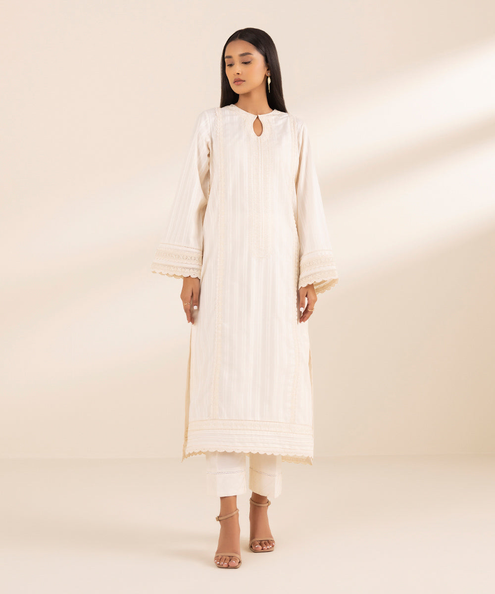 Women's Pret Dobby Off White Chikankari Straight Shirt