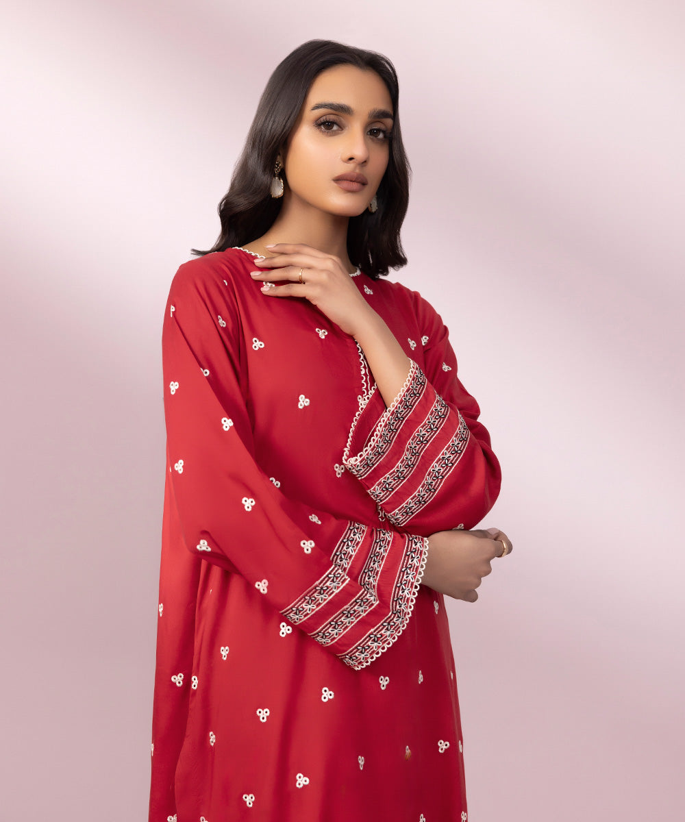 Women's Pret Arabic Lawn Embroidered Red Straight Shirt