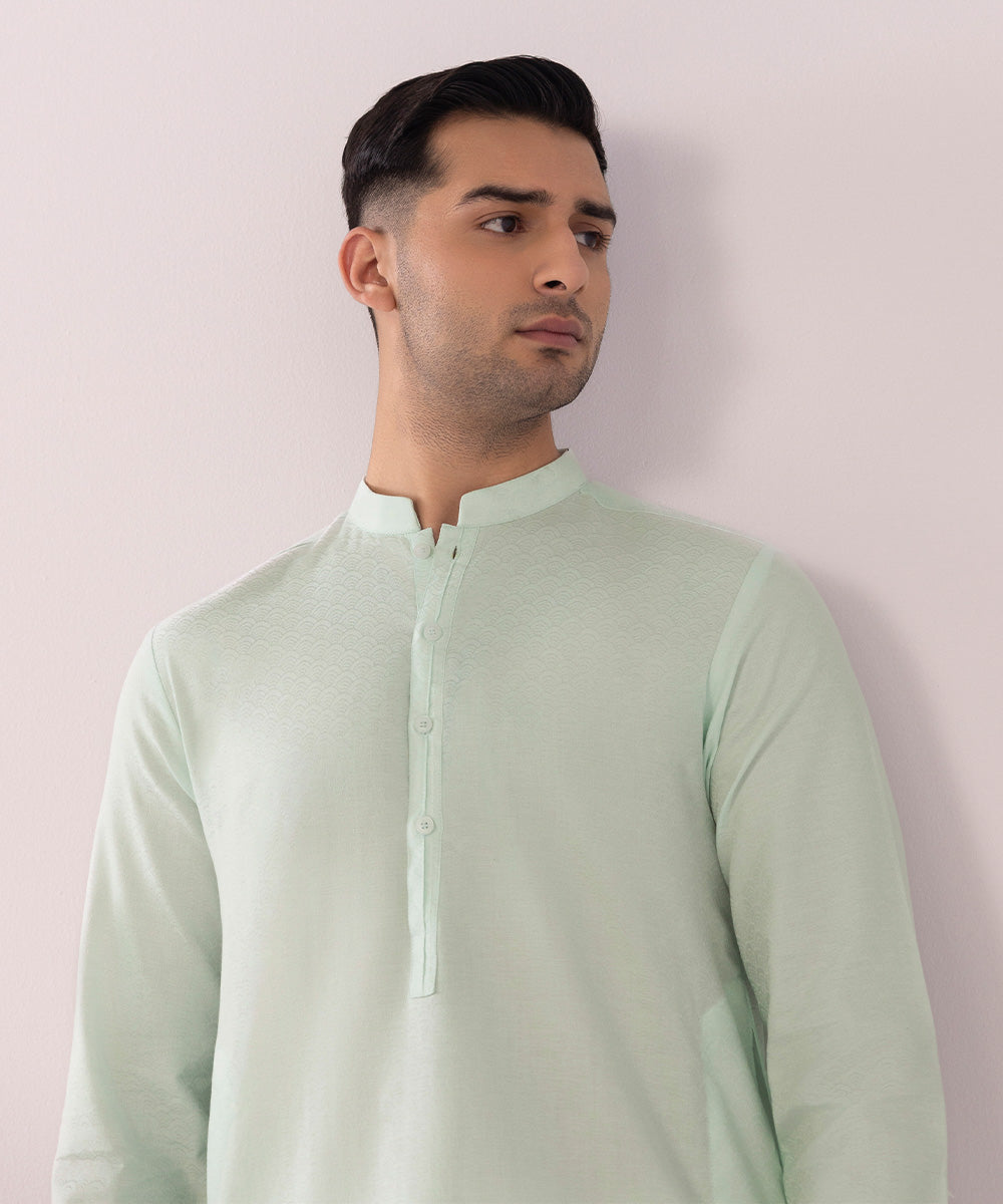 Men's Stitched Cotton Jacquard Aqua Straight Hem Kurta