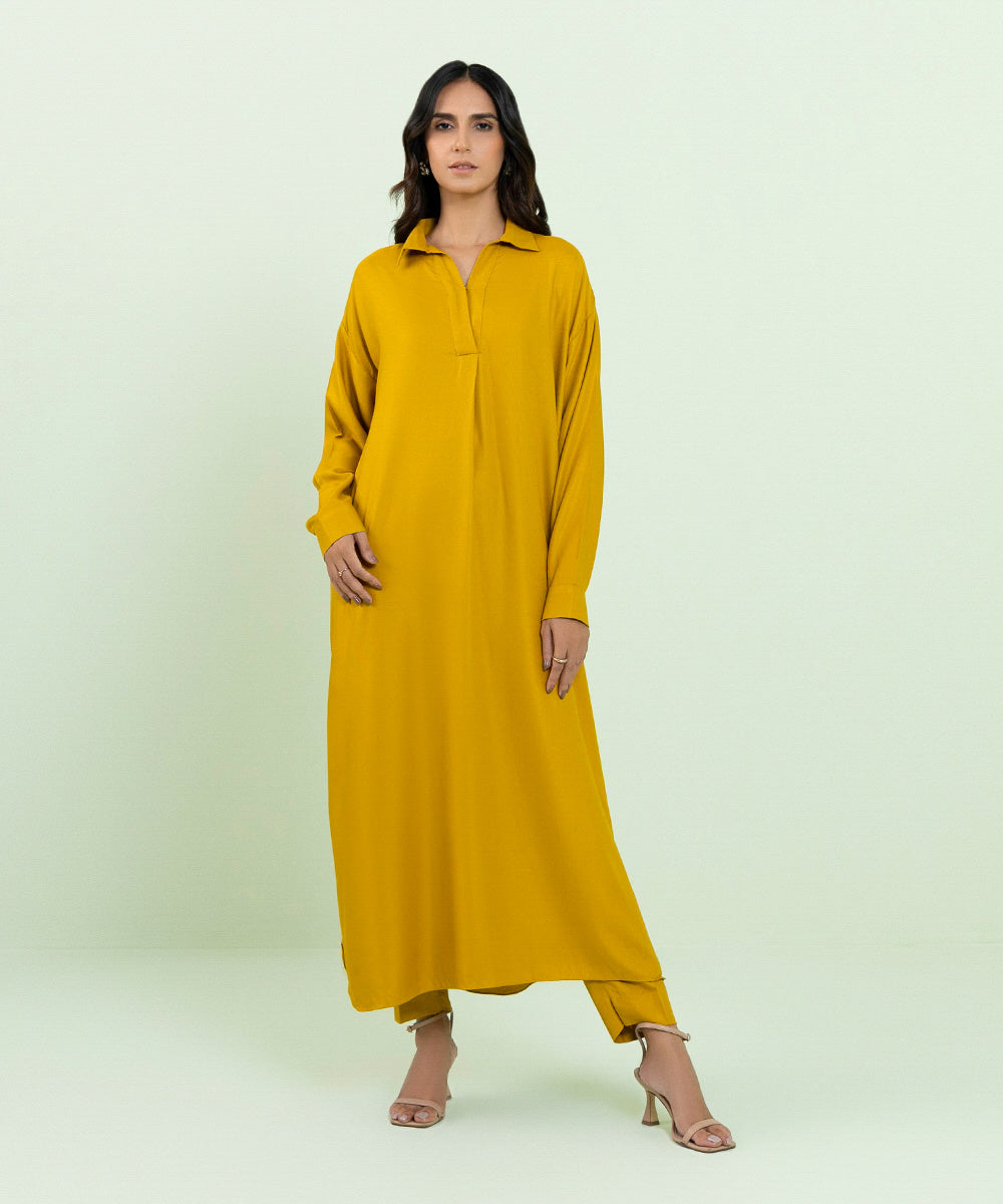 Women's Pret Cottel Solid Yellow Straight Shirt