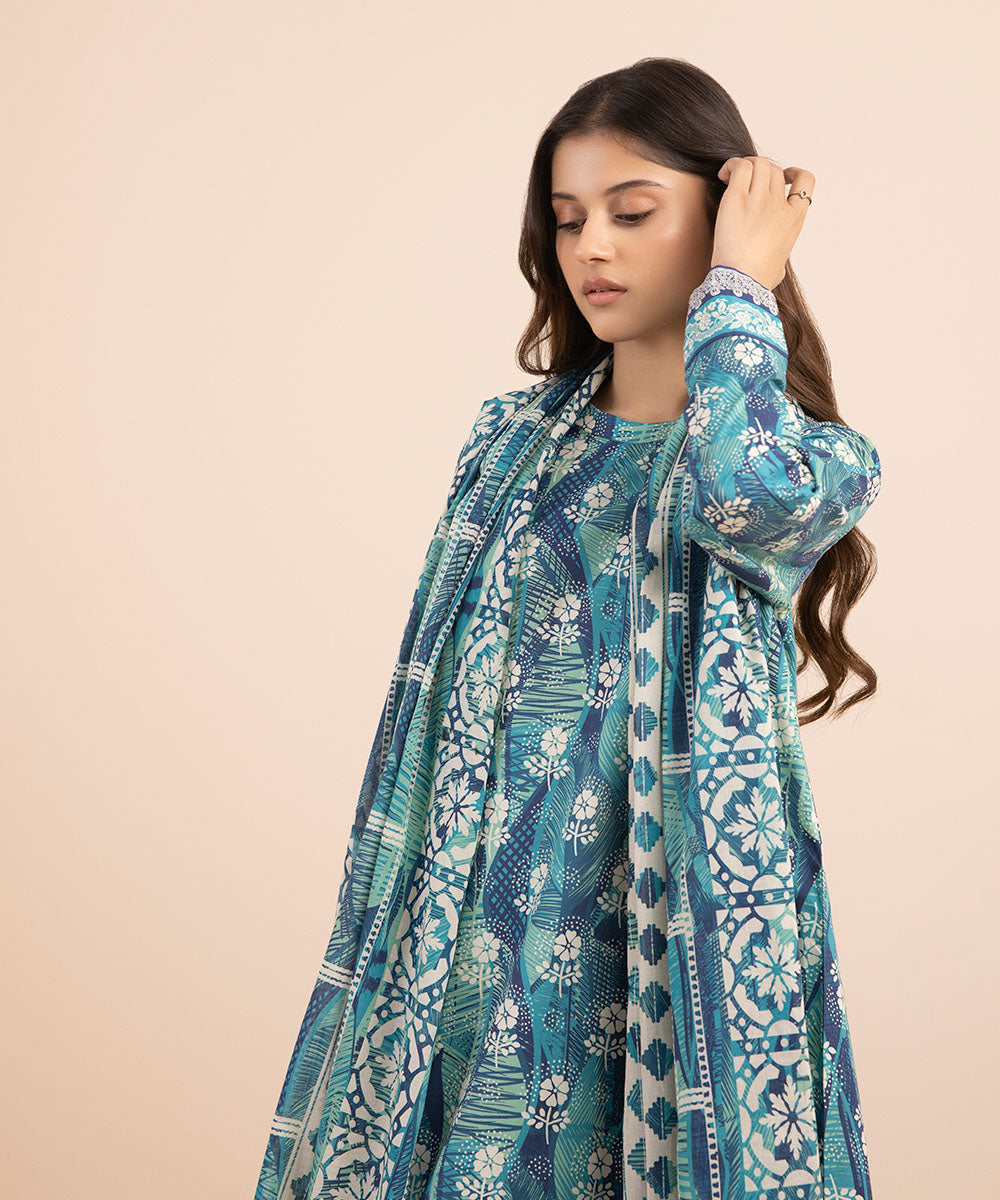 Women's Unstitched Lawn Blue 2 Piece Suit