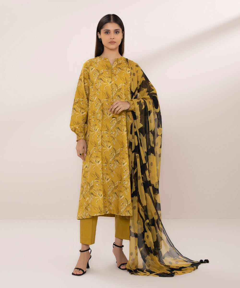 Women's Unstitched Lawn Printed Yellow 2 Piece Suit