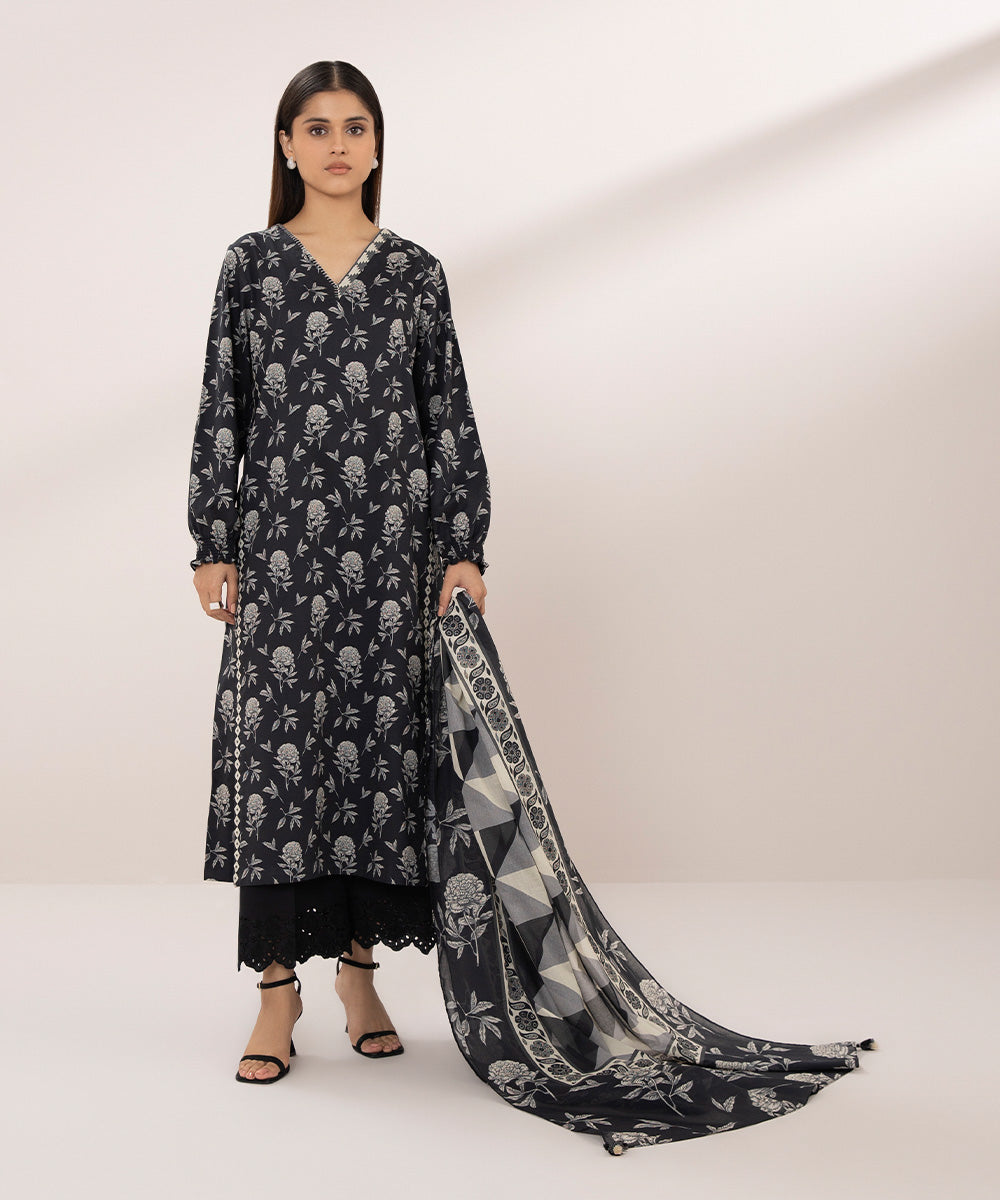 Women's Unstitched Lawn Printed Black 2 Piece Suit