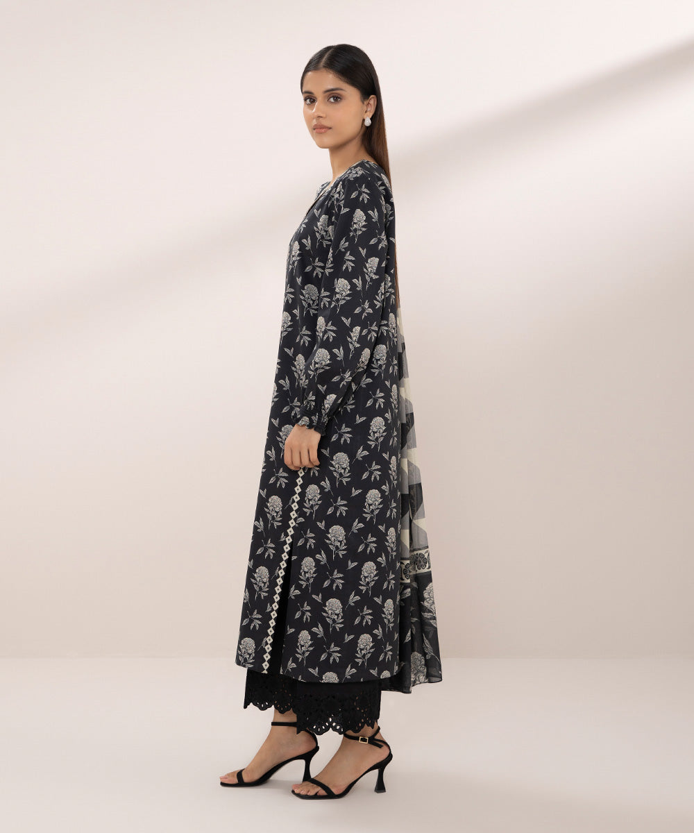 Women's Unstitched Lawn Printed Black 2 Piece Suit