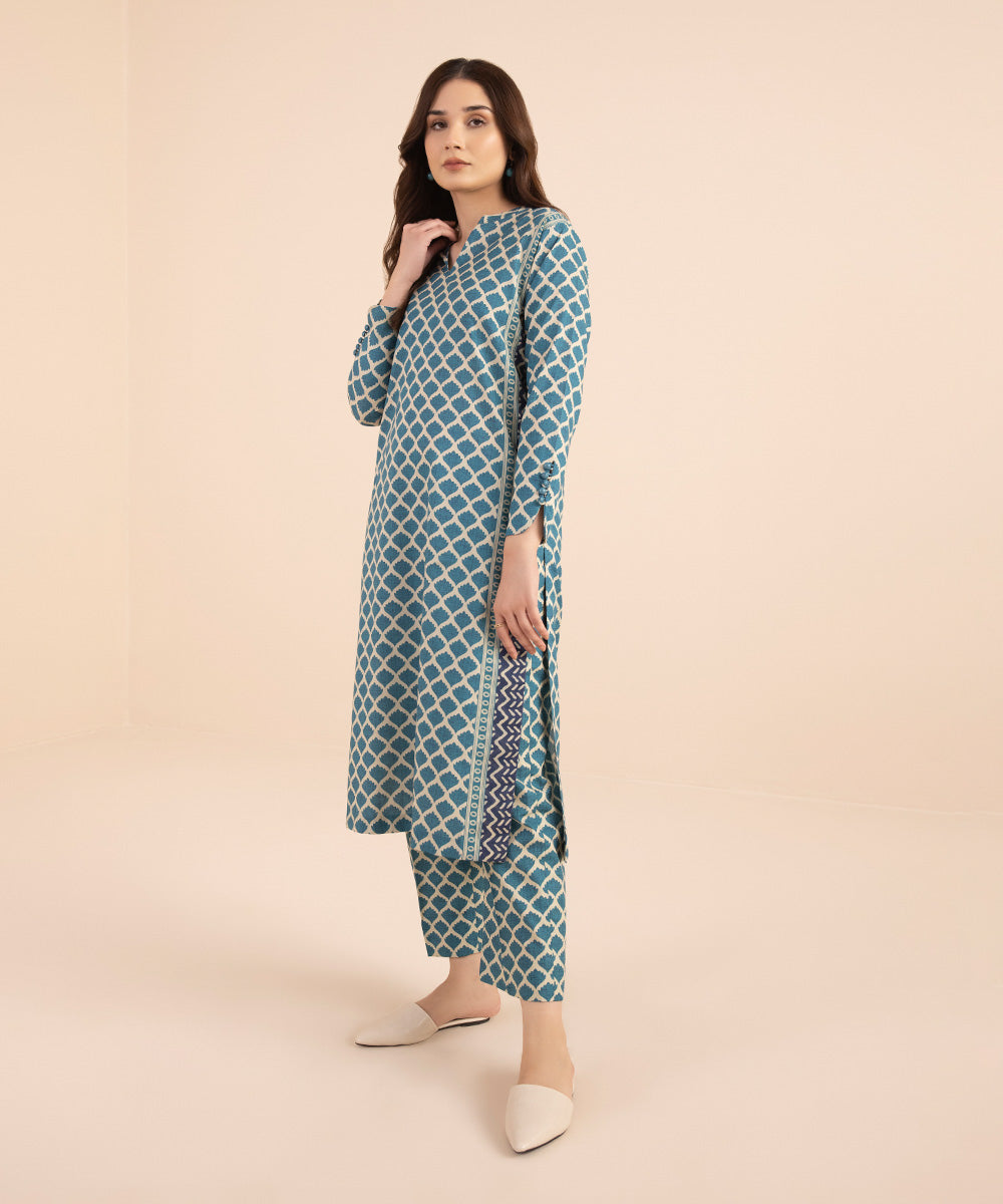 Women's Unstitched Lawn Blue 2 Piece Suit