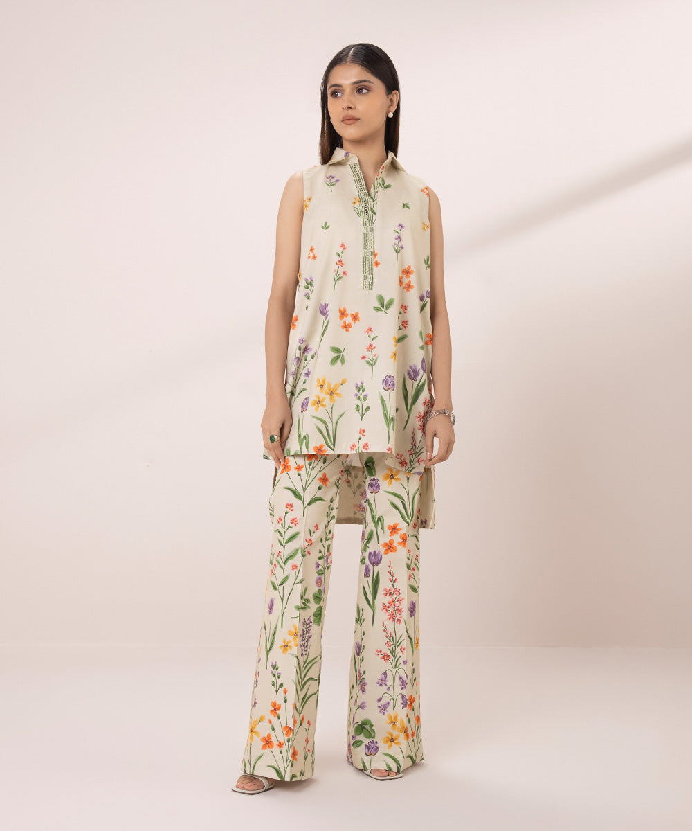 Women's Unstitched Lawn Printed Off White 2 Piece Suit