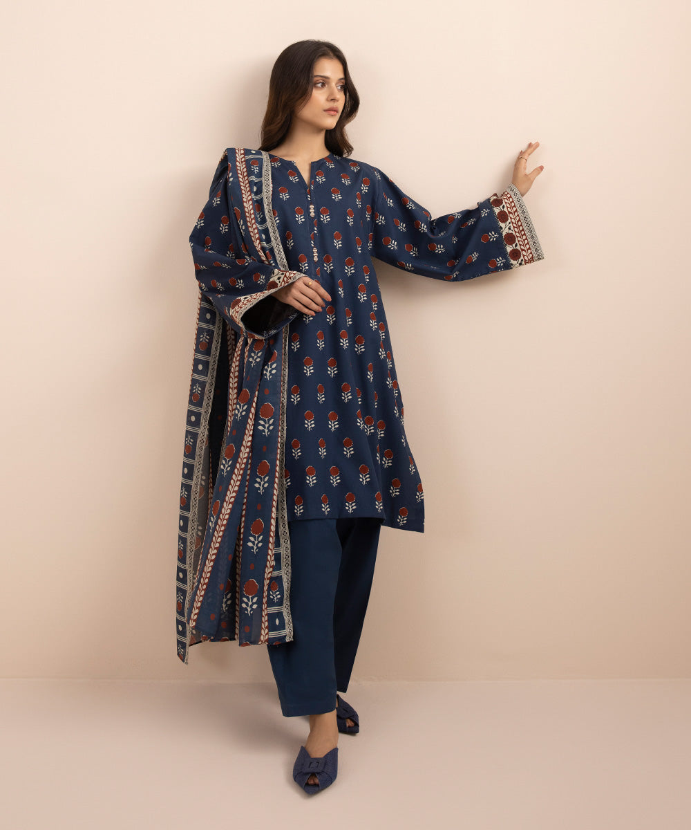 Women's Unstitched Lawn Blue 3 Piece Suit