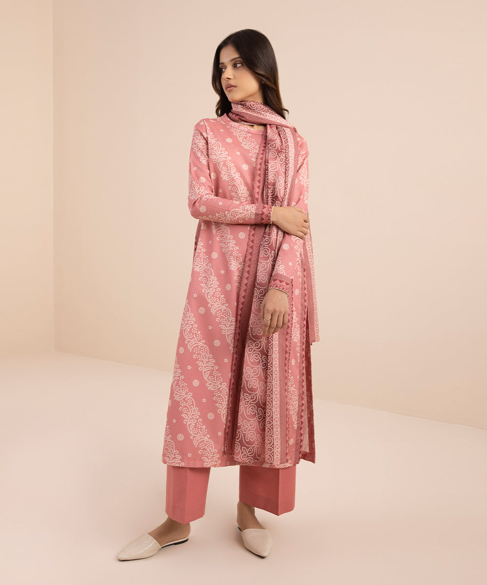 Women's Unstitched Lawn Pink 3 Piece Suit