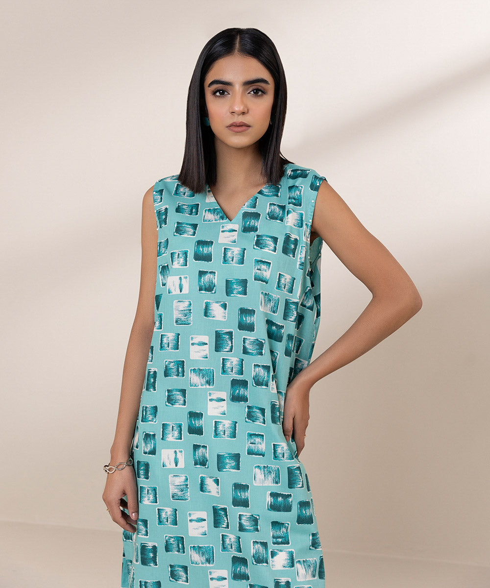 Women's Pret Cambric Printed Blue Straight Shirt