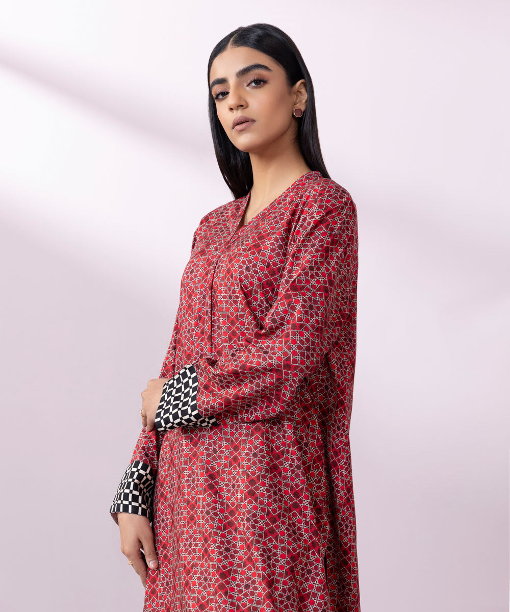 Women's Pret Arabic Lawn Printed Red Straight Shirt