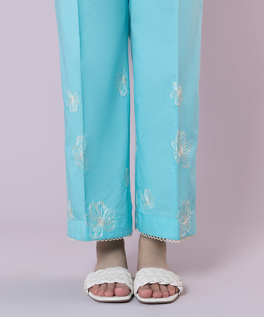 Women's Pret Cambric Embroidered Blue Straight Pants