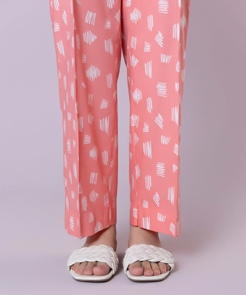 Women's Pret Cotton Viscose Printed Pink Straight Pants