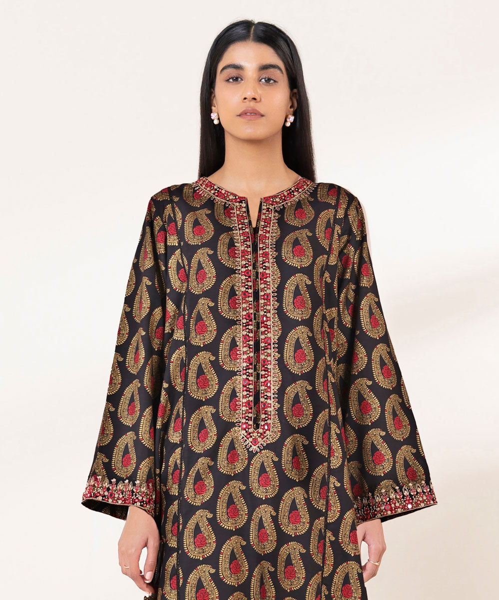 Women's Pret Dobby Black Printed A-Line Shirt