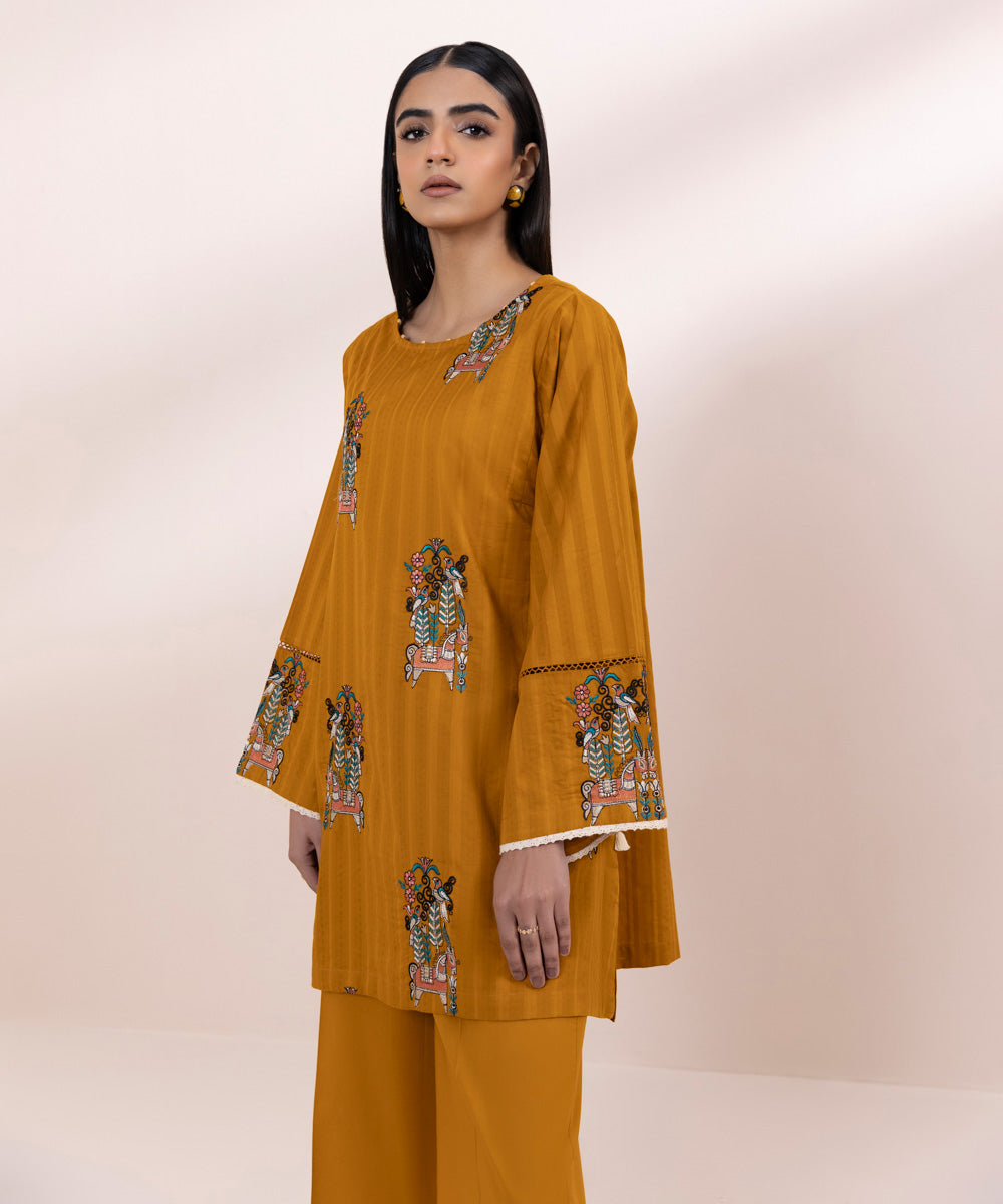 Women's Pret Dobby Embroidered Orange Boxy Shirt