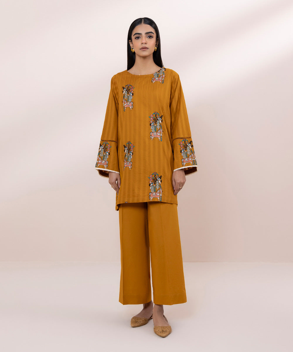 Women's Pret Dobby Embroidered Orange Boxy Shirt