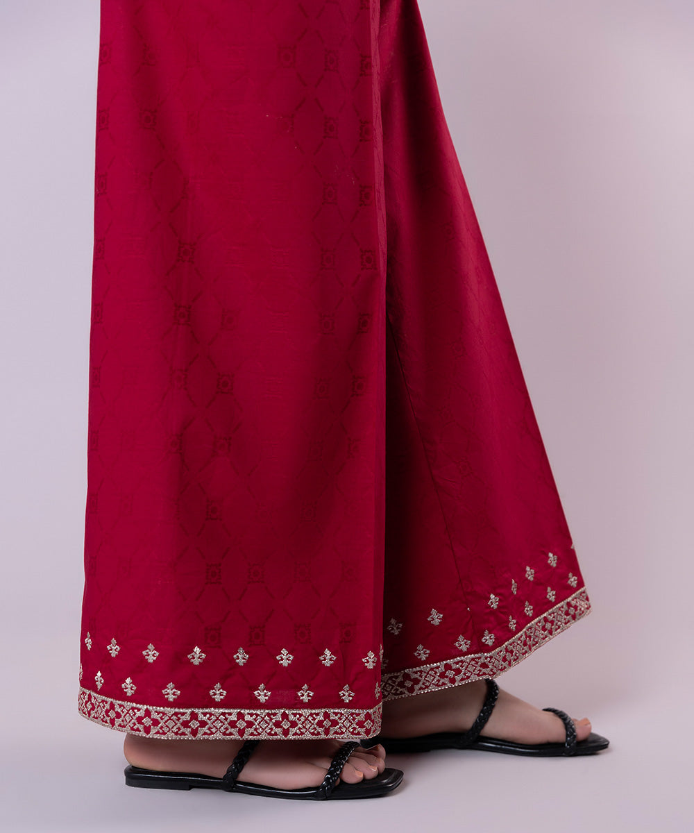 Women's Pret Cotton Jacquard Embroidered Red Culottes