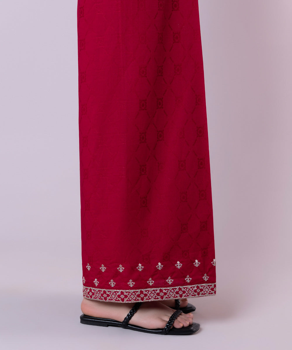 Women's Pret Cotton Jacquard Embroidered Red Culottes