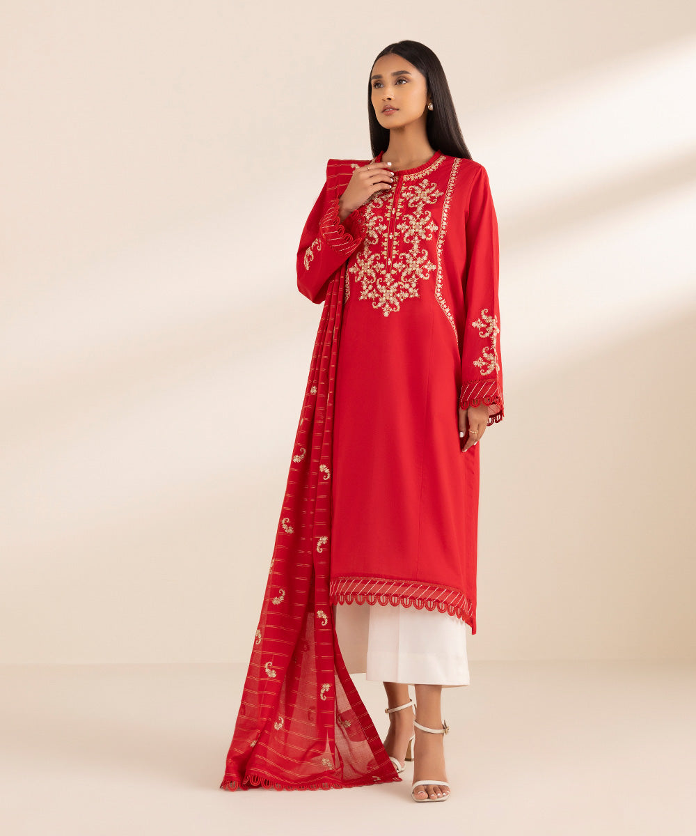 Women's Zari Voile Dyed Red Dupatta