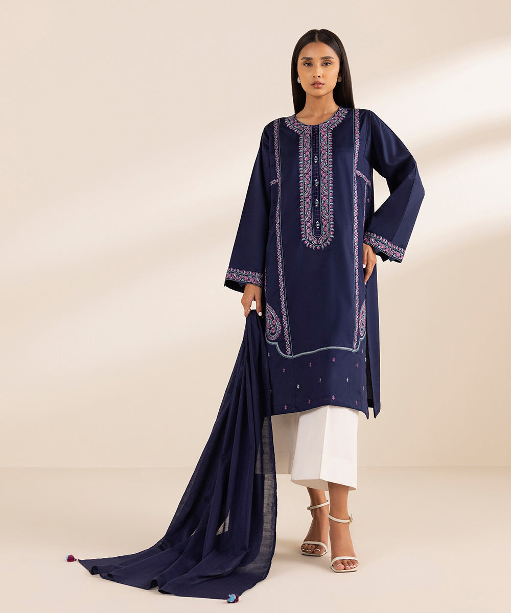 Women's Textured Voile Dyed Blue Dupatta