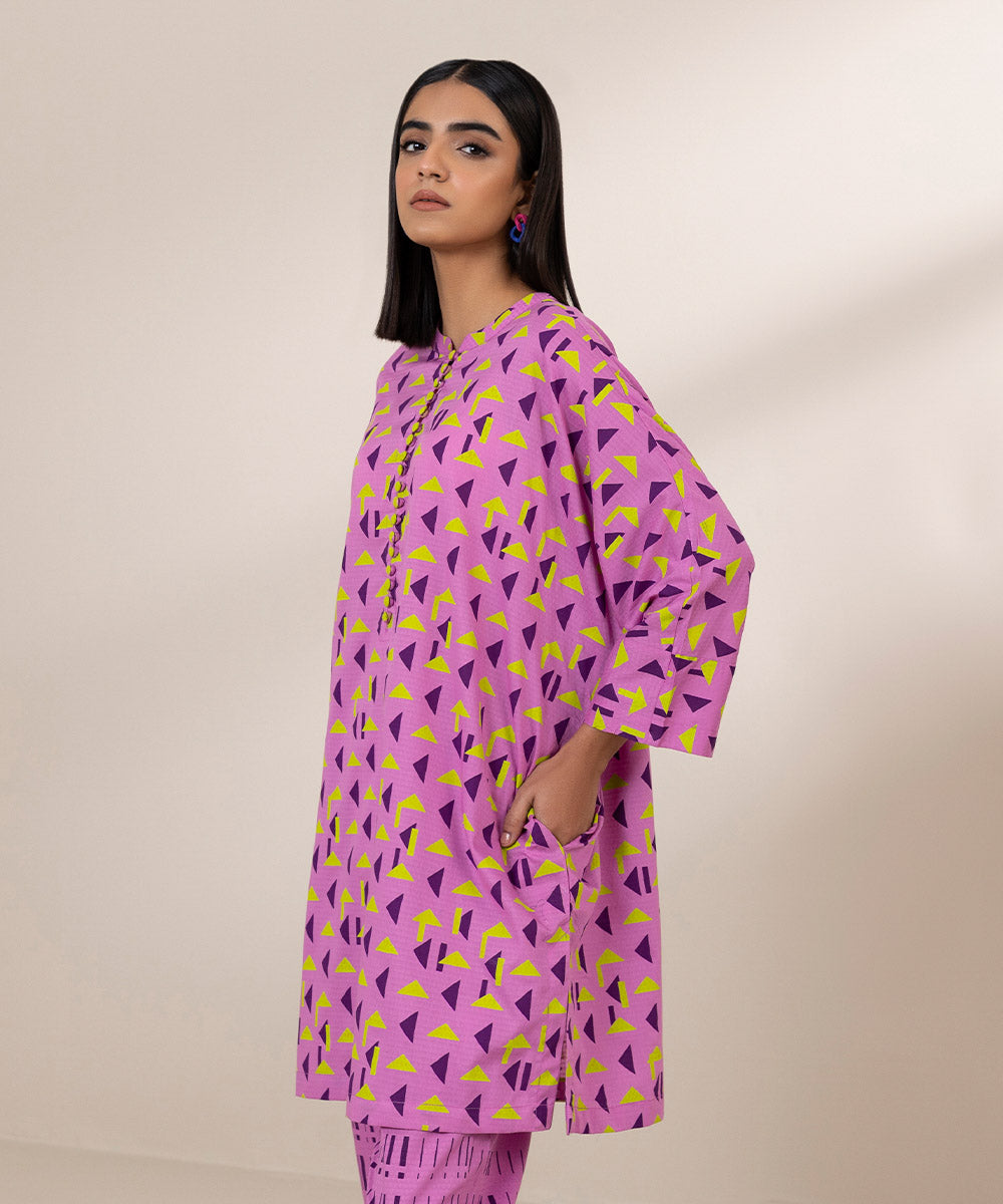 Women's Pret Dobby Printed Purple Drop Shoulder Shirt