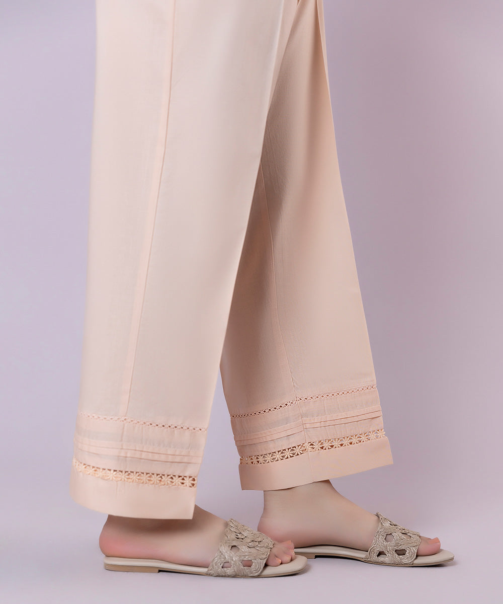 Women's Pret Cambric Embroidered Solid Pink Straight Pants