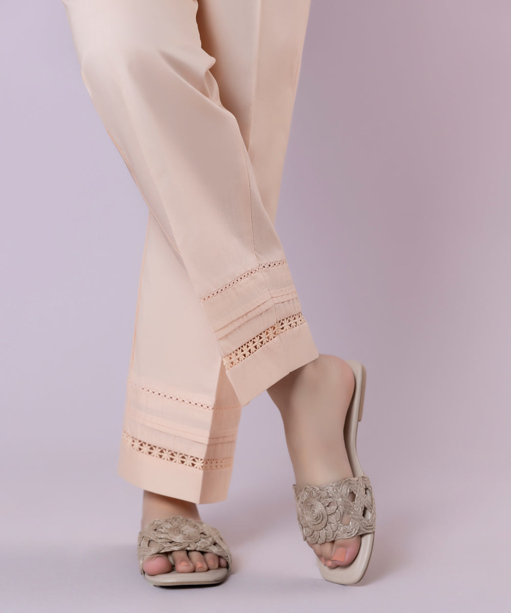 Women's Pret Cambric Embroidered Solid Pink Straight Pants