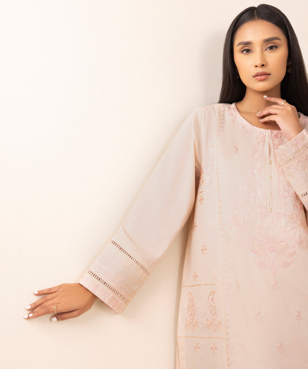 Women's Pret Cotton Pink Chikankari A-Line Shirt