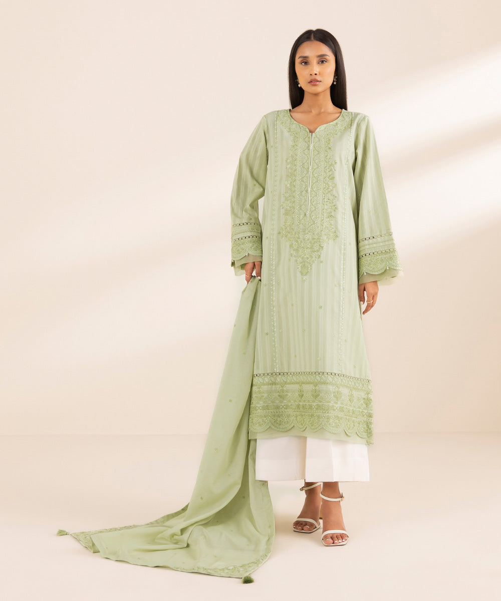 Women's Fine Voile Chikankari Green Dupatta