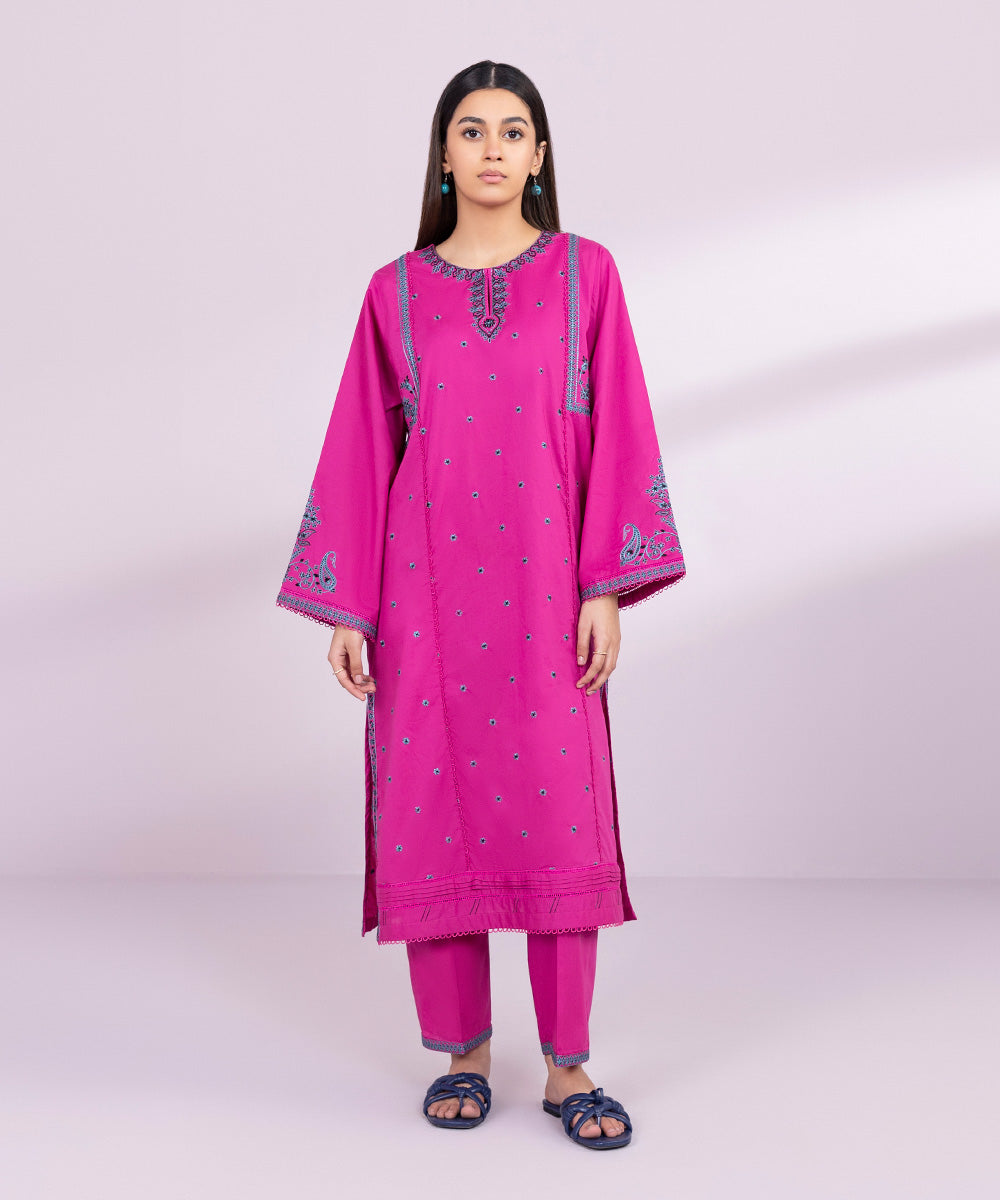 Women's Pret Cotton Embroidered Pink A-Line Shirt