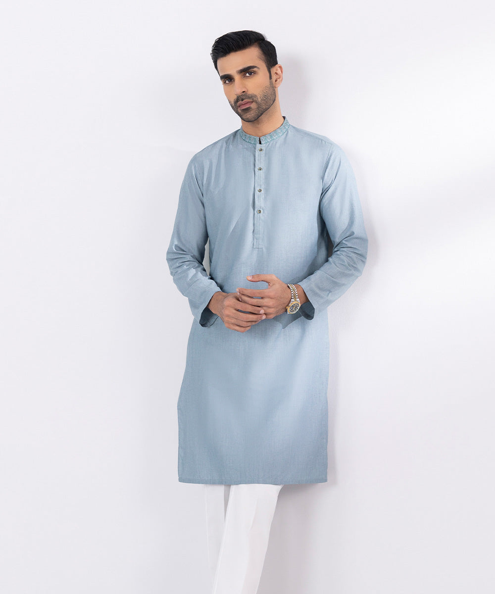 Men's Stitched Embroidered Fancy Wash & Wear Blue Straight Hem Kurta