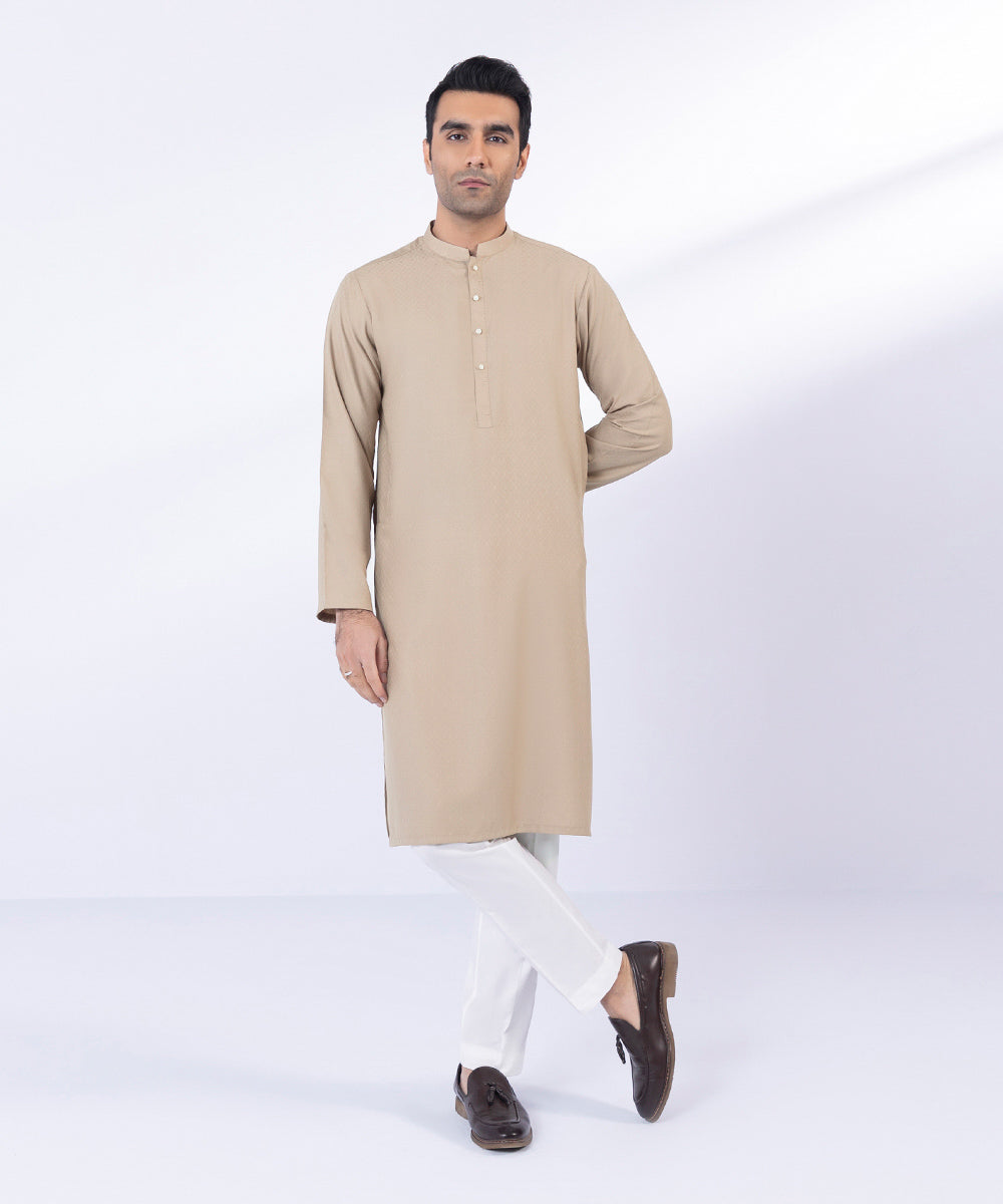 Men's Stitched Khaki Wash & Wear Self Texture Kurta