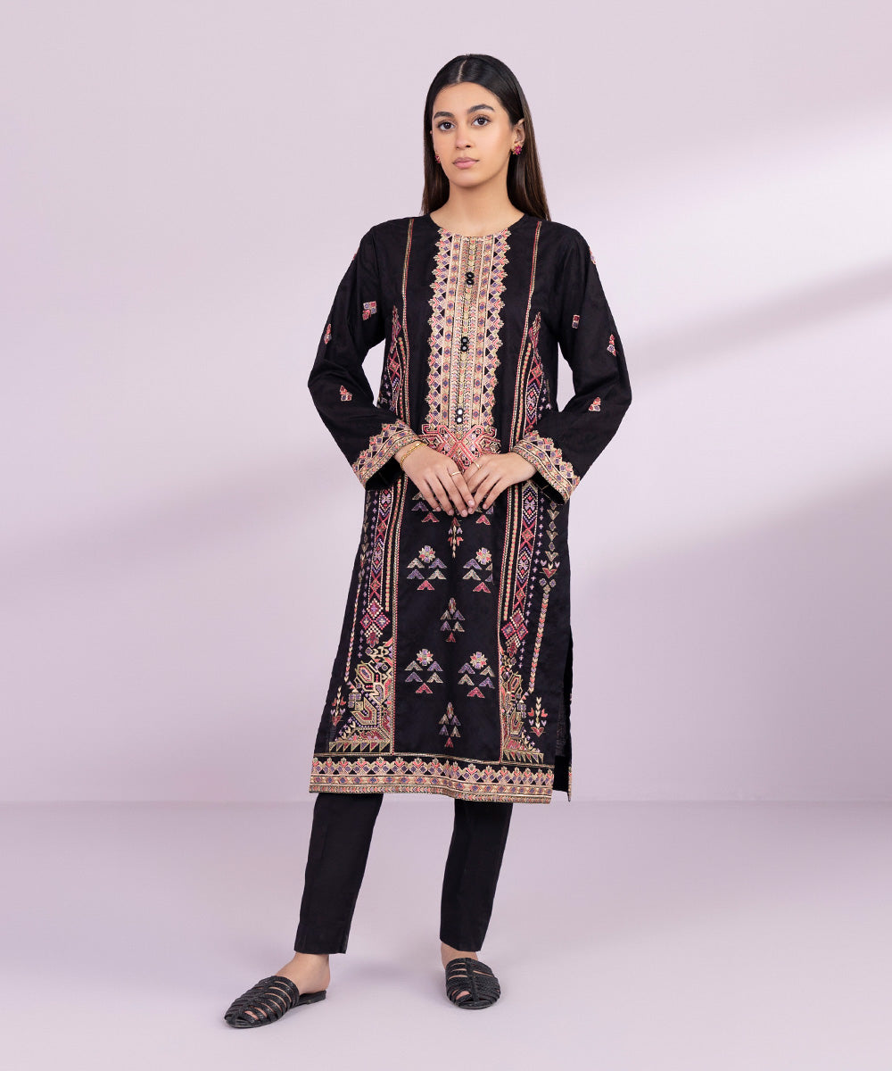 Women's Pret Cotton Jacquard Embroidered Black A-Line Shirt