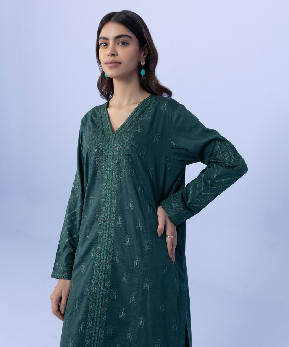 Women's Pret Cotton Viscose Embroidered Green Straight Shirt