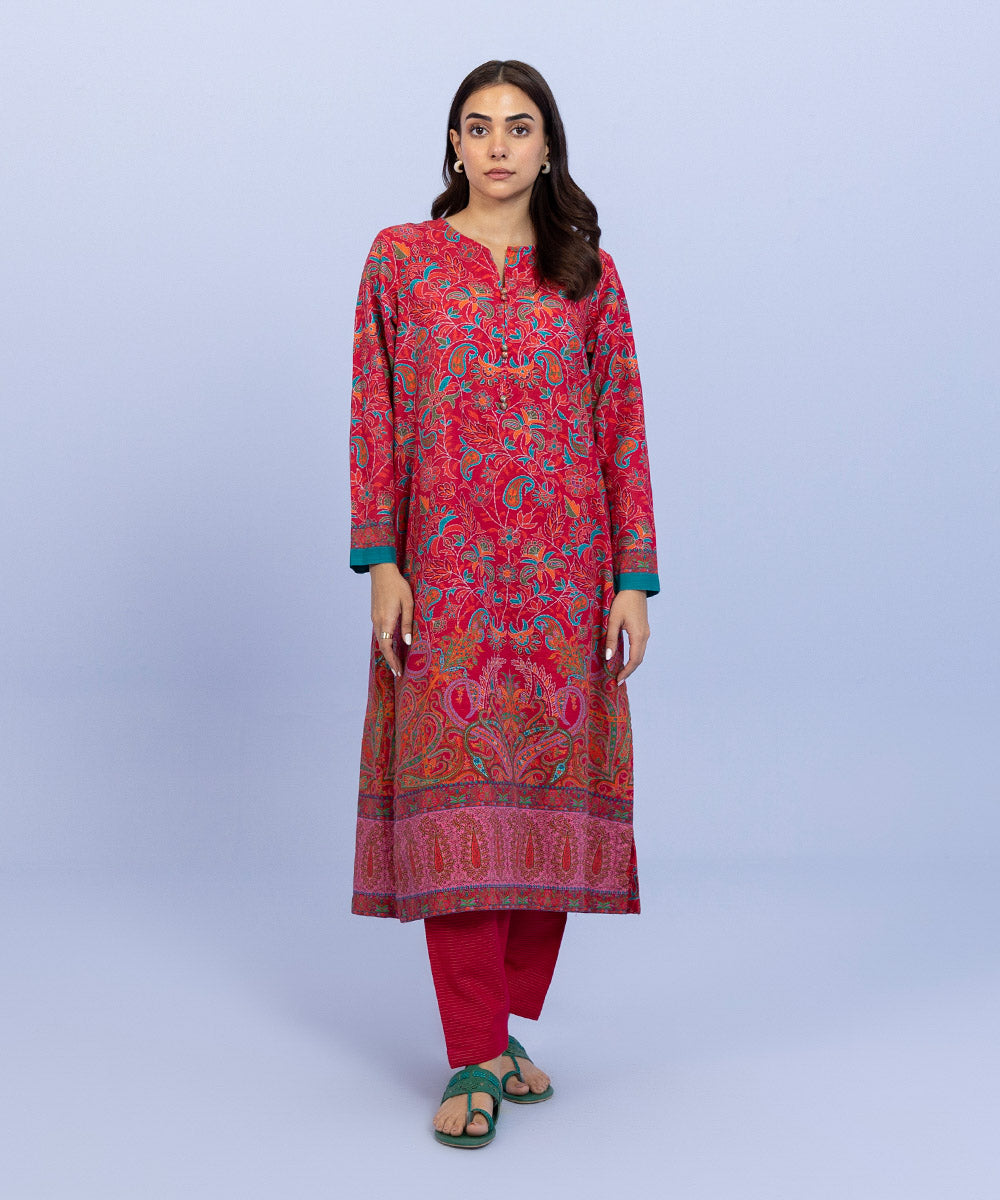 Women's Pret Khaddar Printed Pink Straight Shirt