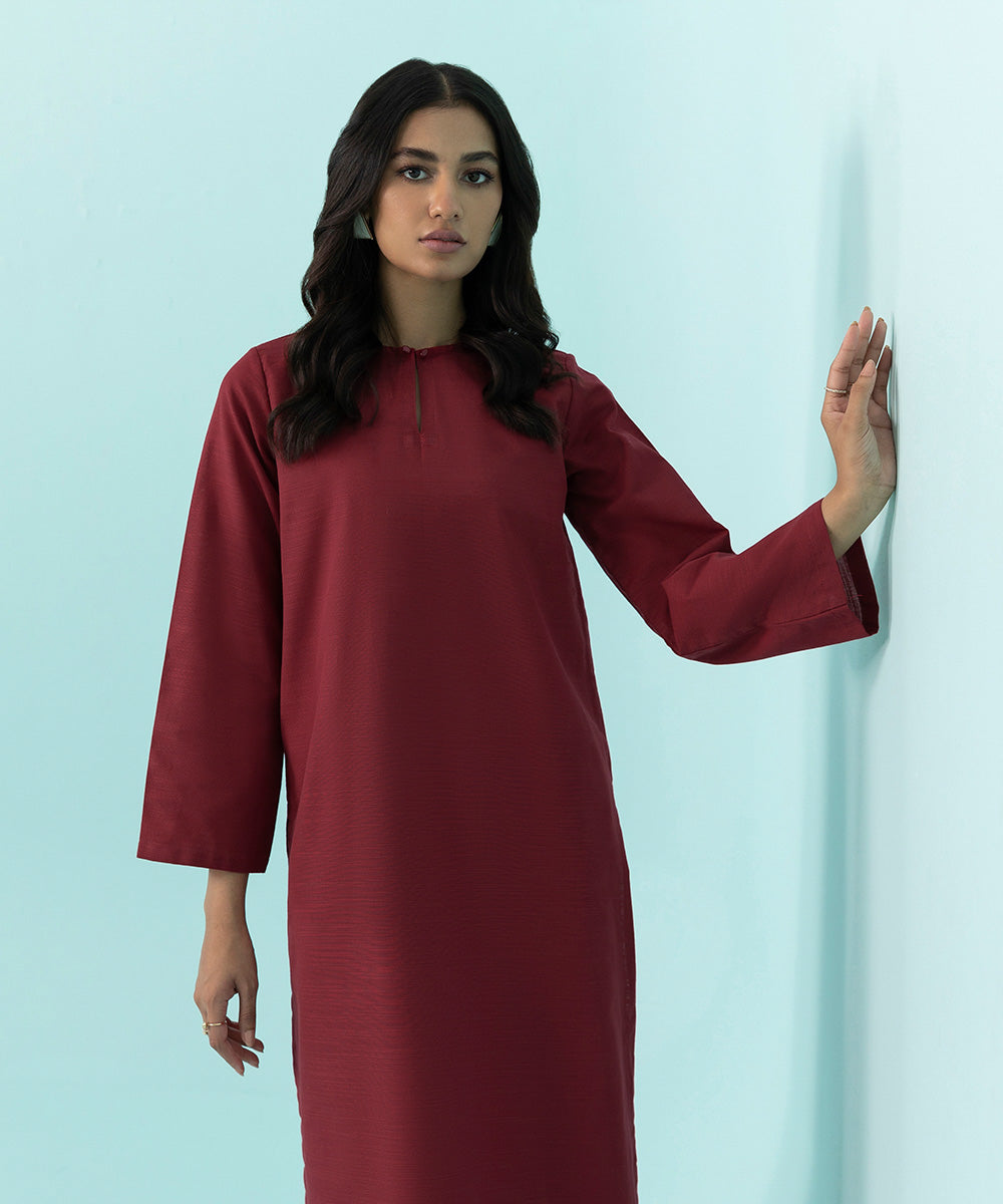 Women's Pret Khaddar Solid Red Straight Shirt