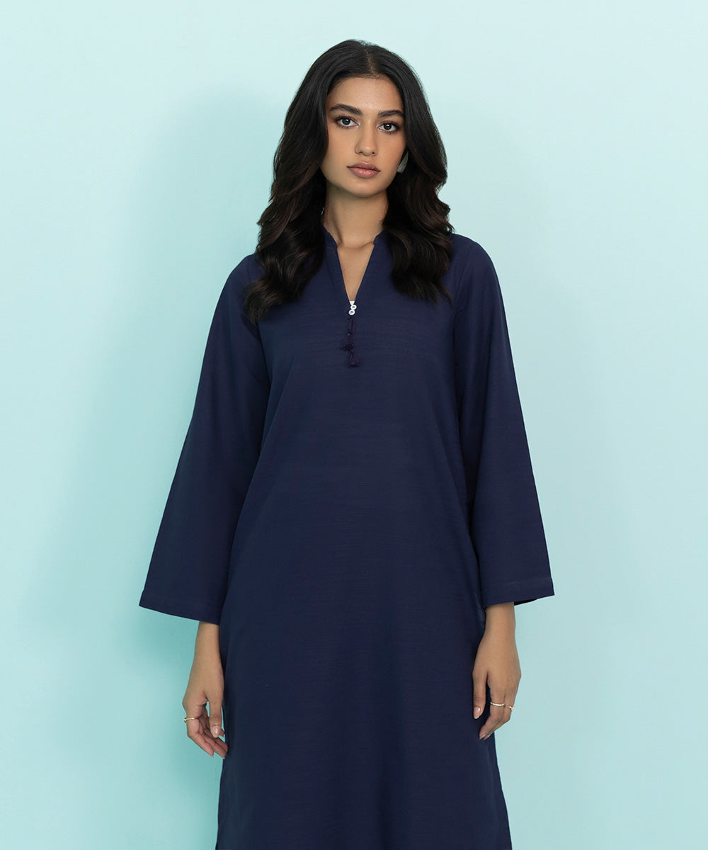 Women's Pret Khaddar Solid Blue Straight Shirt