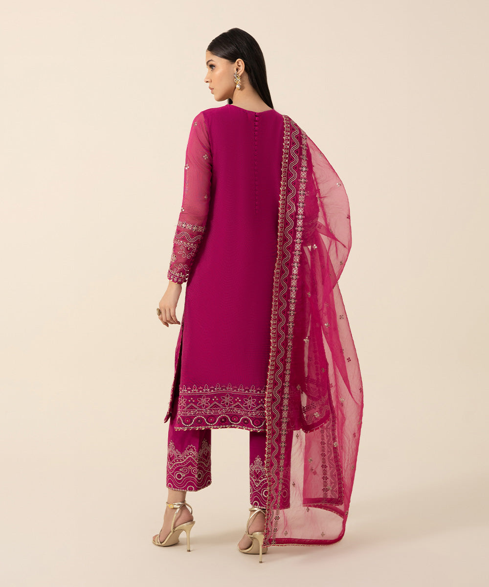 Women's Intermix Unstitched Blended Viscose Khaddi Net Pink 3 Piece Suit