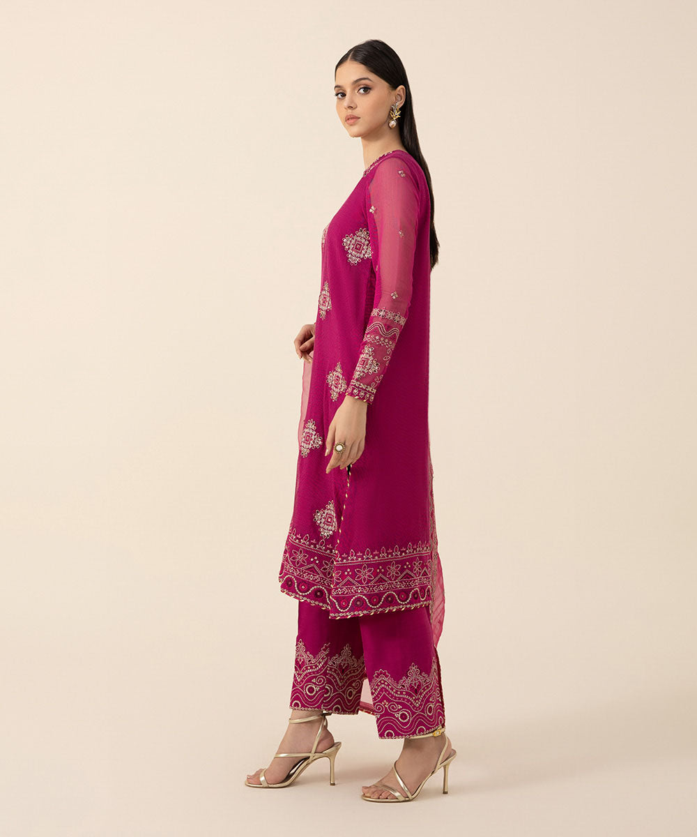 Women's Intermix Unstitched Blended Viscose Khaddi Net Pink 3 Piece Suit